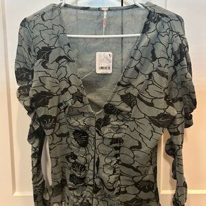 Free People Floral Mesh Blouse - Black and Gray